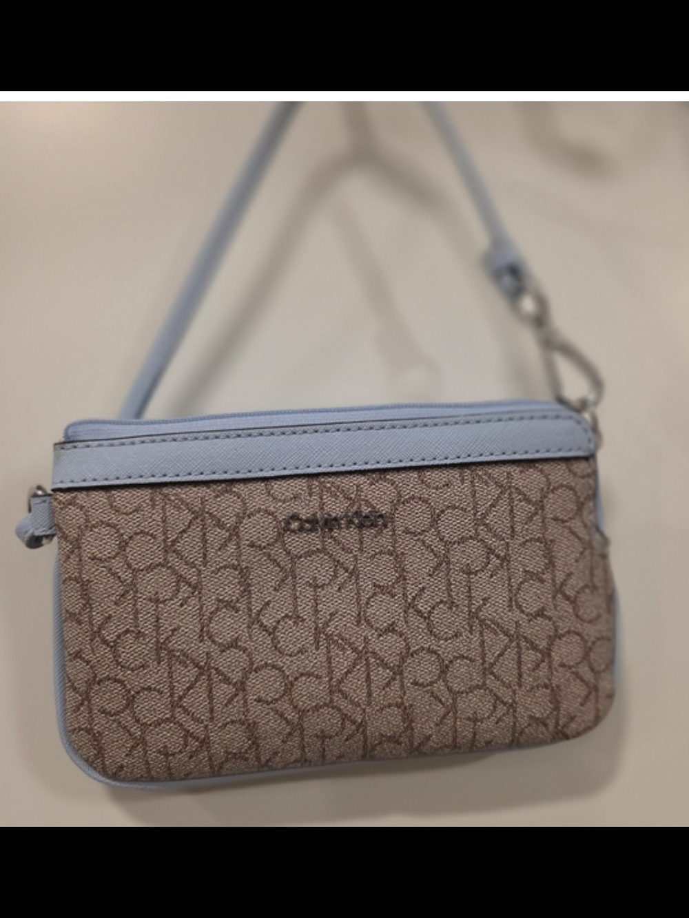 NWOT Calvin Klein Monogram Wristlet with Light Blue Trim